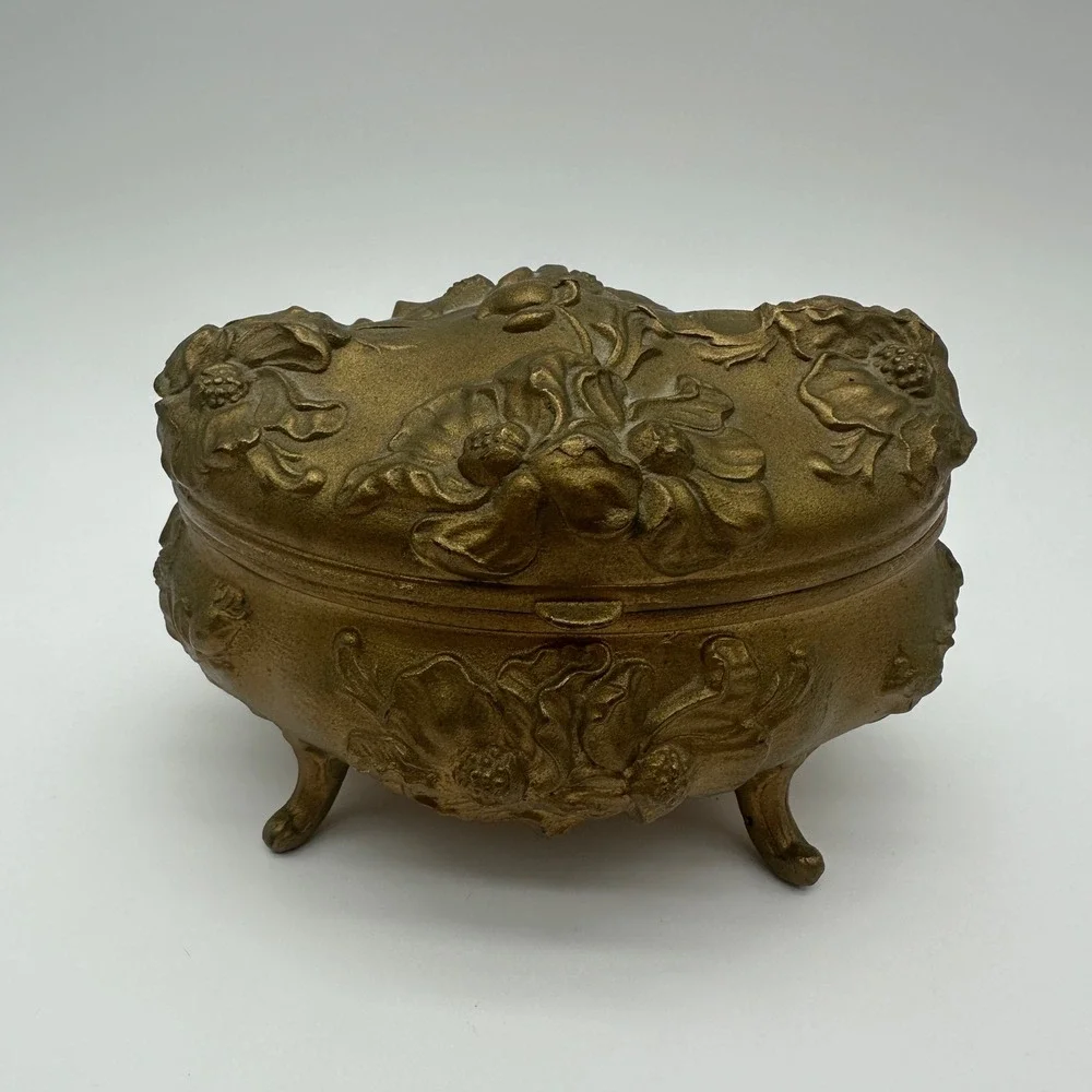 ANTQ Art Nouveau Jewelry Casket Footed Spelter Pot Metal Box Rose Relief Lined